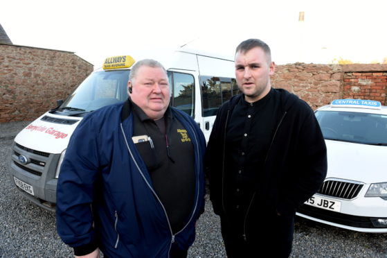 Taxi driver company owners are opposing new increases to fees proposed by Aberdeenshire Council after being told there will be no consultation event for them to speak to officers, only a survey will be offered. In the picture are William Gauld, Allways taxis, left and Paul Anderson, Central Taxi's. 
Picture by Jim Irvine  8-1-20