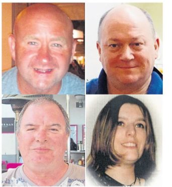 Victims of the Sumburgh crash. Clockwise from top left are Duncan Munro,George Allison,Gary McCrossan,and Sarah Darnley
