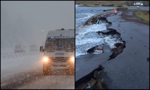 Difficult conditions on the A9 near Carrbridge (left) and the crumbling Applecross Bay road. Pictures by Sandy McCook and Jim O'Hara