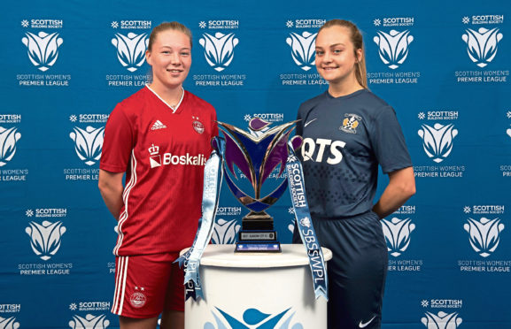 Aberdeen's Francesca Ogilvie and Kilmarnock's Laura Neil at the launch of the new Scottish Building Society SWPL season.