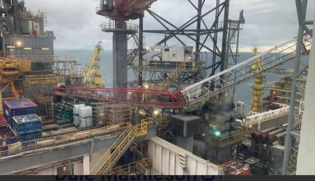 An image showing the collapsed crane from a Valaris drilling rig.