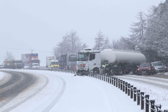 The oil tanker ended up sideways across both carriageways of the A9 at Daviot in heavy snow.