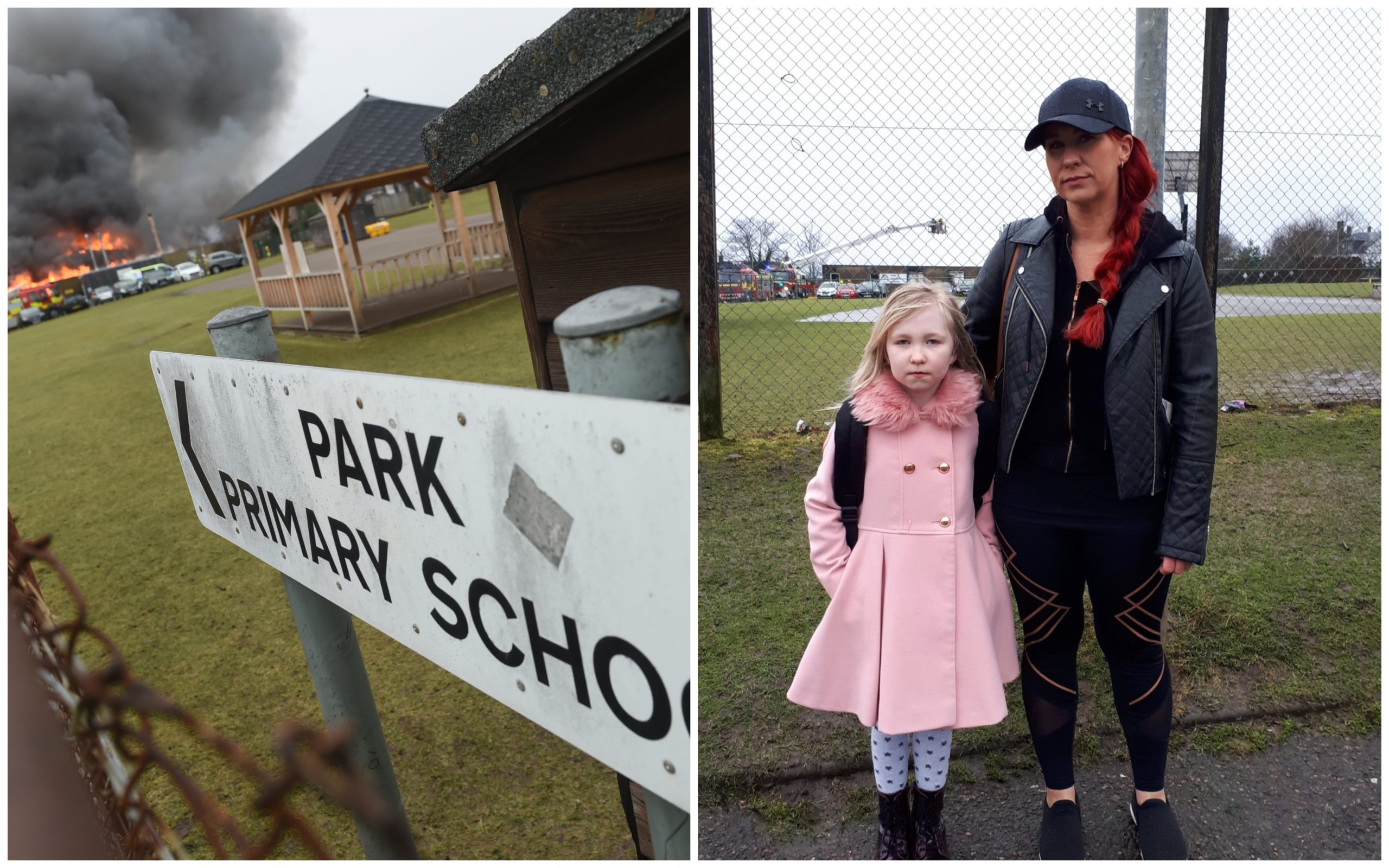 Cathleen Heine and her daughter Rose outside fire damaged Park Primary.