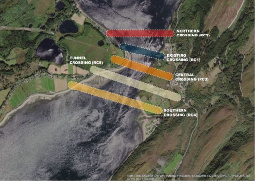 Image showing the five options for a fixed link across the Corran Narrows. Image: Stantec Report.