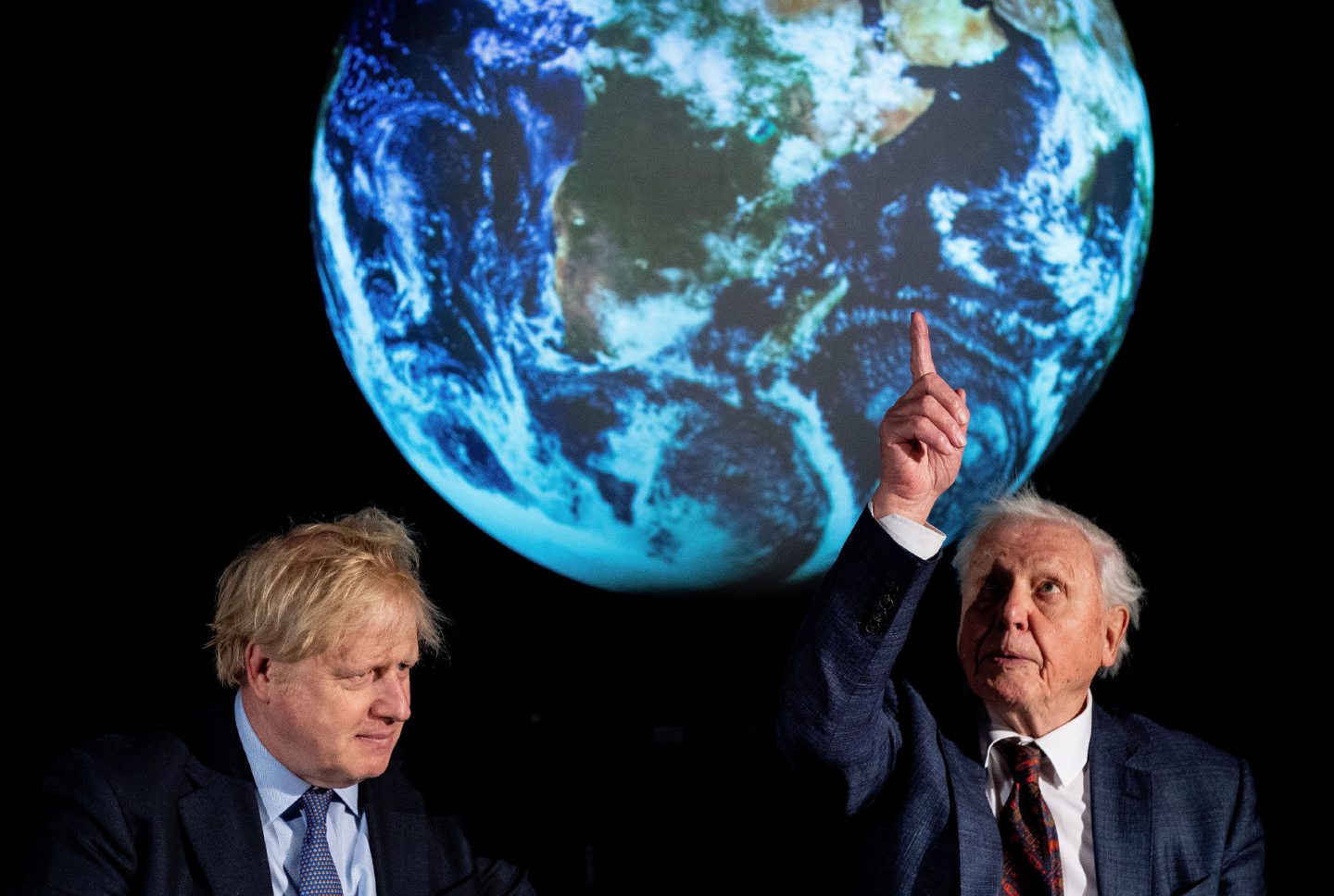 The Prime Minister Boris Johnson (left) and Sir David Attenborough at the launch of the next COP26 UN Climate Summit
