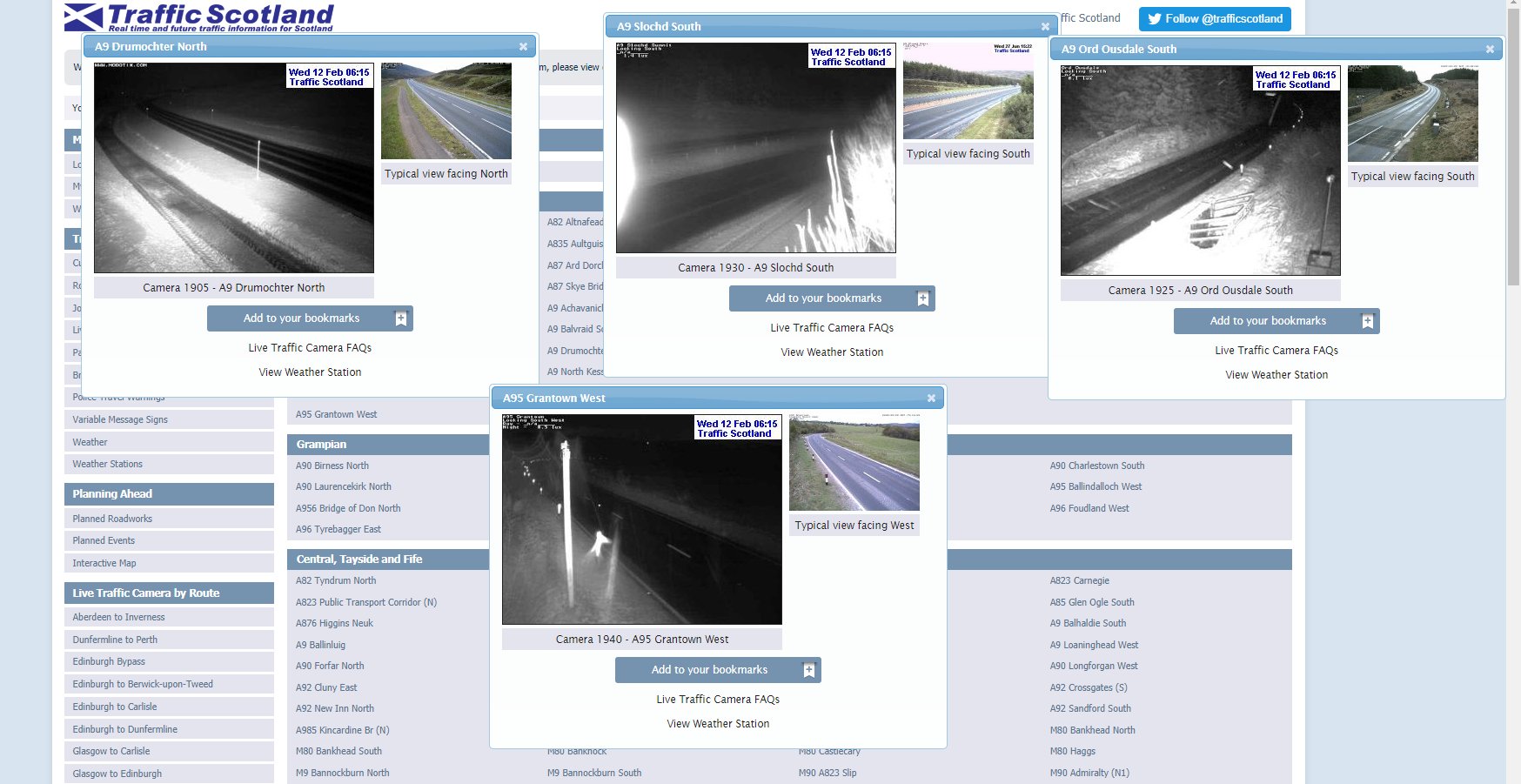 Traffic Scotland's cameras showing snow covering several main roads in the north.