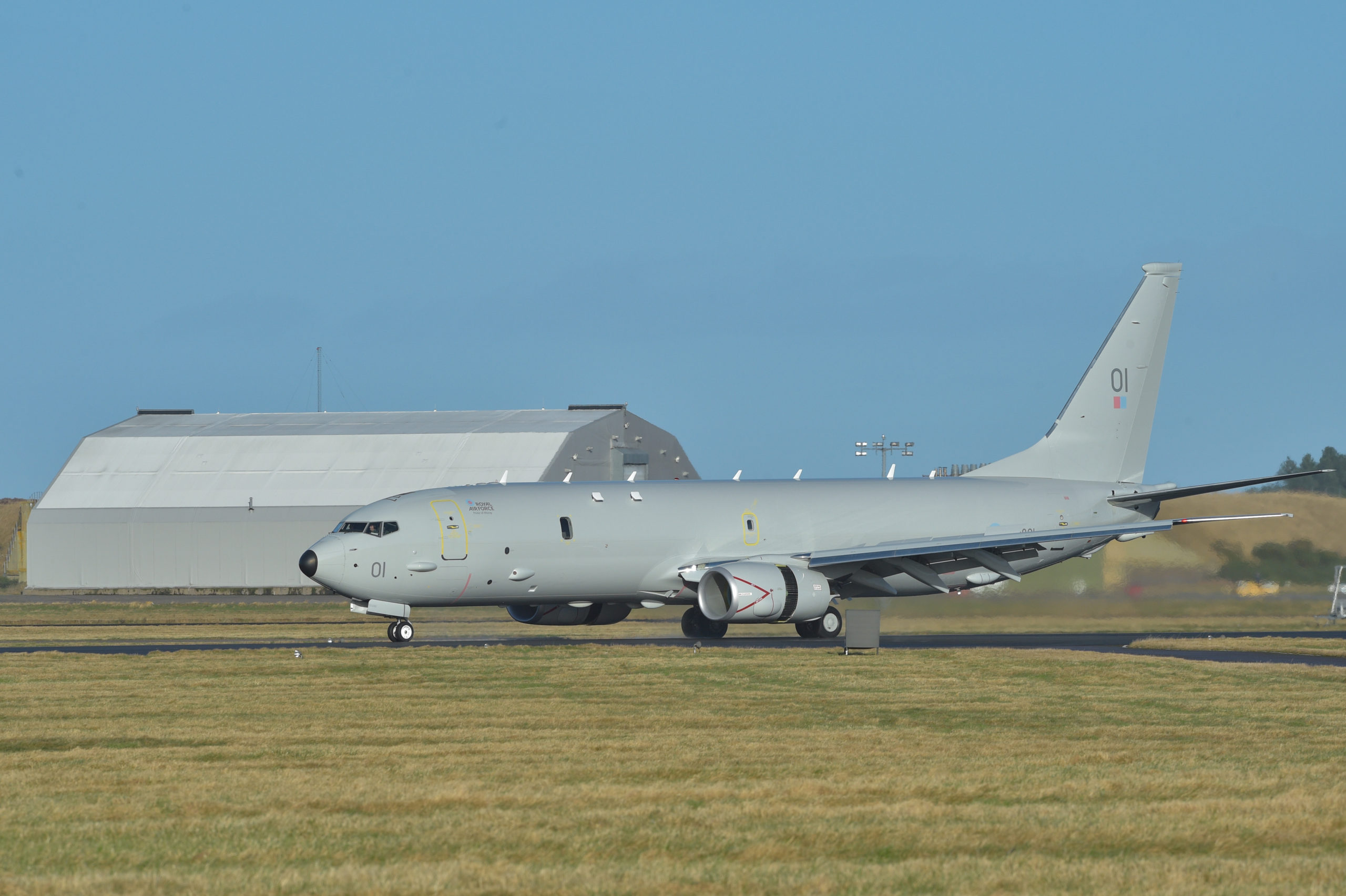 The first P-8 Poseidon plane has arrived at Kinloss Barracks.