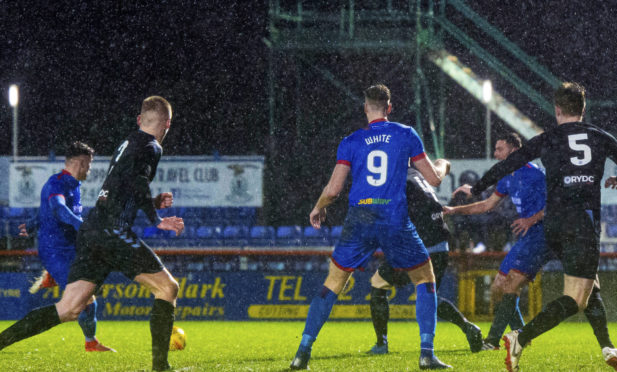 Inverness's Miles Storey strikes to make it 2-1 during the Tunnock's Caramel Wafer Cup Semi Final between Inverness Caledonian Thistle and Rangers Colts