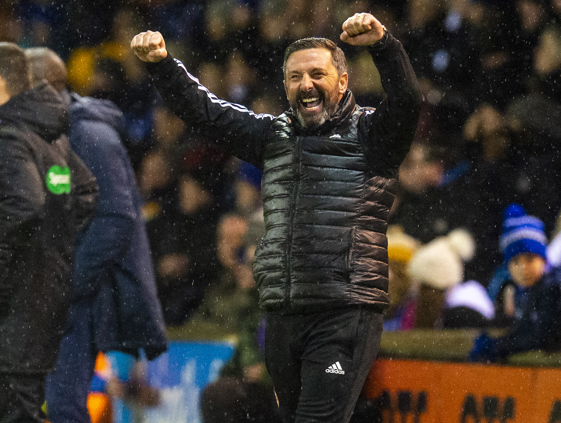 Derek McInnes celebrates his side's victory in the fifth round at Kilmarnock