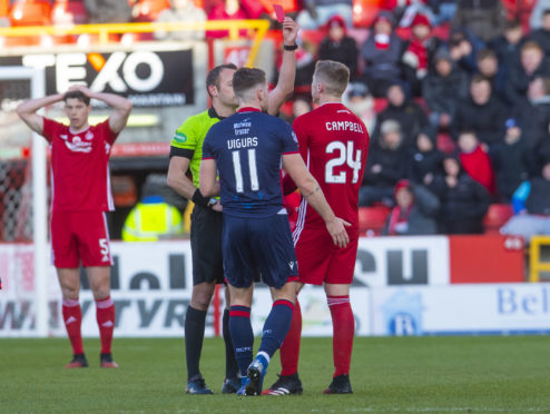 Dean Campbell is sent off by referee Gavin Duncan during the Ladbrokes Premiership match between Aberdeen and Ross County