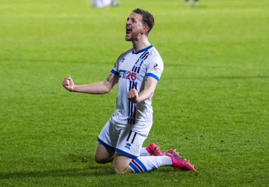 Tom Walsh celebrates making it 2-1 to Inverness during the Ladbrokes Championship match between Dunfermline and Inverness Caledonian Thistle.