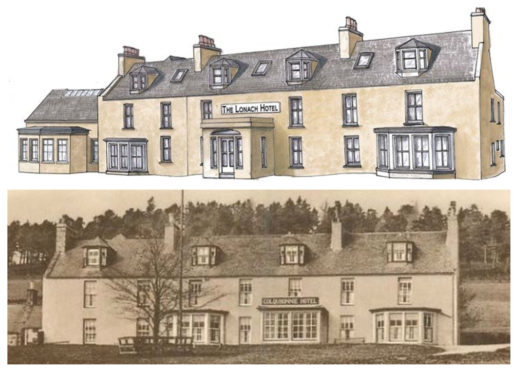 Artist's impressions of the final product, above, and the hotel in its former life as Colquhonnie House Hotel