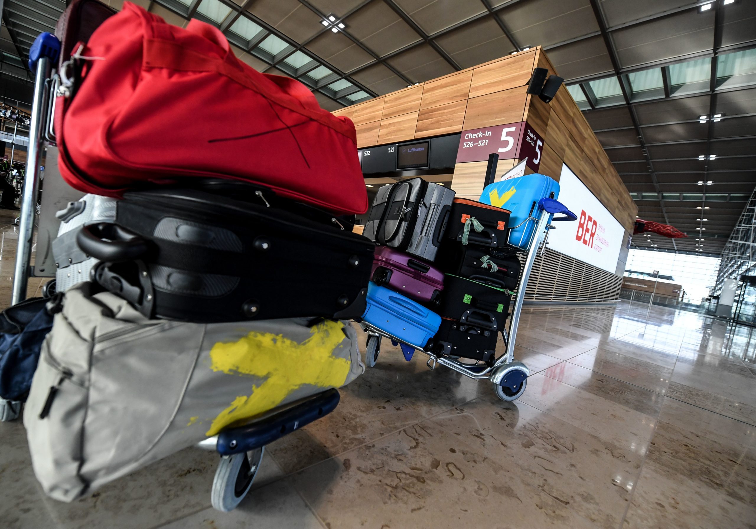 Mandatory Credit: Photo by FILIP SINGER/EPA-EFE/Shutterstock (10540429u)
A trolley with luggage at the check-in counter on the occasion of trial operation at terminal 1 of the Berlin Brandenburg Airport (BER) in Schoenefeld, Germany, 27 January 2020. Some 20,000 volunteer testers are sought for trial operation at Berlin Brandenburg Airport.The airport is expected to open in October 2020.
Berlin Brandenburg Airport trial operation, Schoenefeld, Germany - 27 Jan 2020