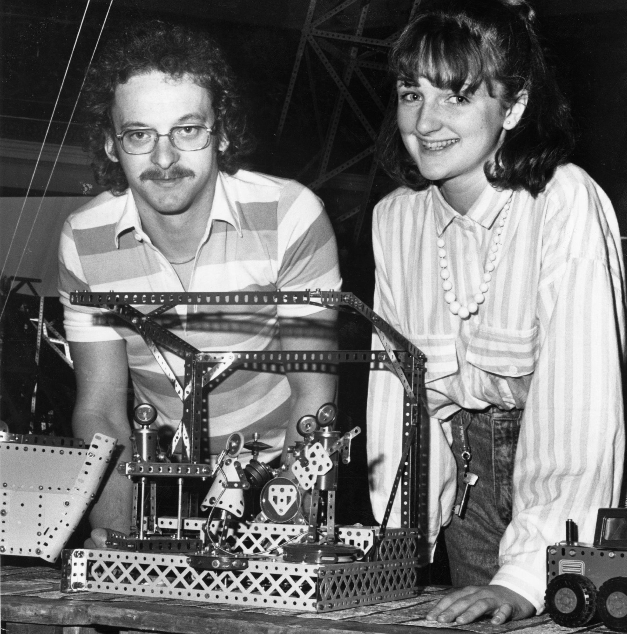 Ian Henwood and Julie Cowell with a a pop group constructed from Meccano at Aberdeen Festival