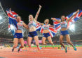 Great Britain's 4 x 400m relay final team (left to right) Zoey Clark, Eilidh Doyle, Emily Diamond and Laviai Nielsen celebrate winning silver during day ten of the 2017 IAAF World Championships at the London Stadium.