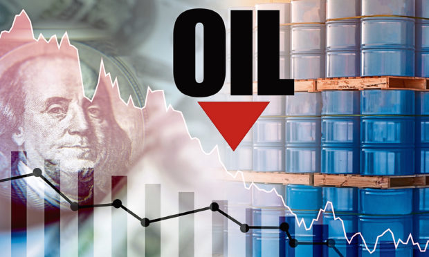 Falling oil prices. Charts show a steady decline. Oil logo on the background of blue barrels. Ñoncept is a decline in oil export earnings. Crude petroleum cost reduction. Dollar. Hydrocarbon industry; Shutterstock ID 1670405992; Purchase Order: -