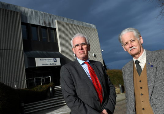 Aberdeenshire Council leader Jim Gifford, left, and deputy leader Peter Argyle, right.