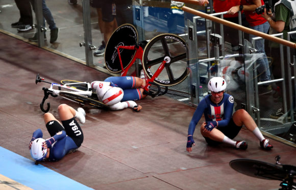 Great Britain's Neah Evans crashes during the women's madison during day four of the 2020 UCI Track Cycling World Championships at Velodrom, Berlin.