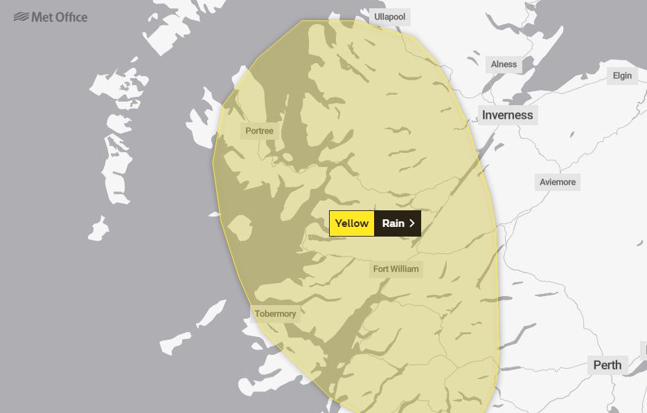 The Met Office have issued a yellow weather warning across the Highlands and Islands.