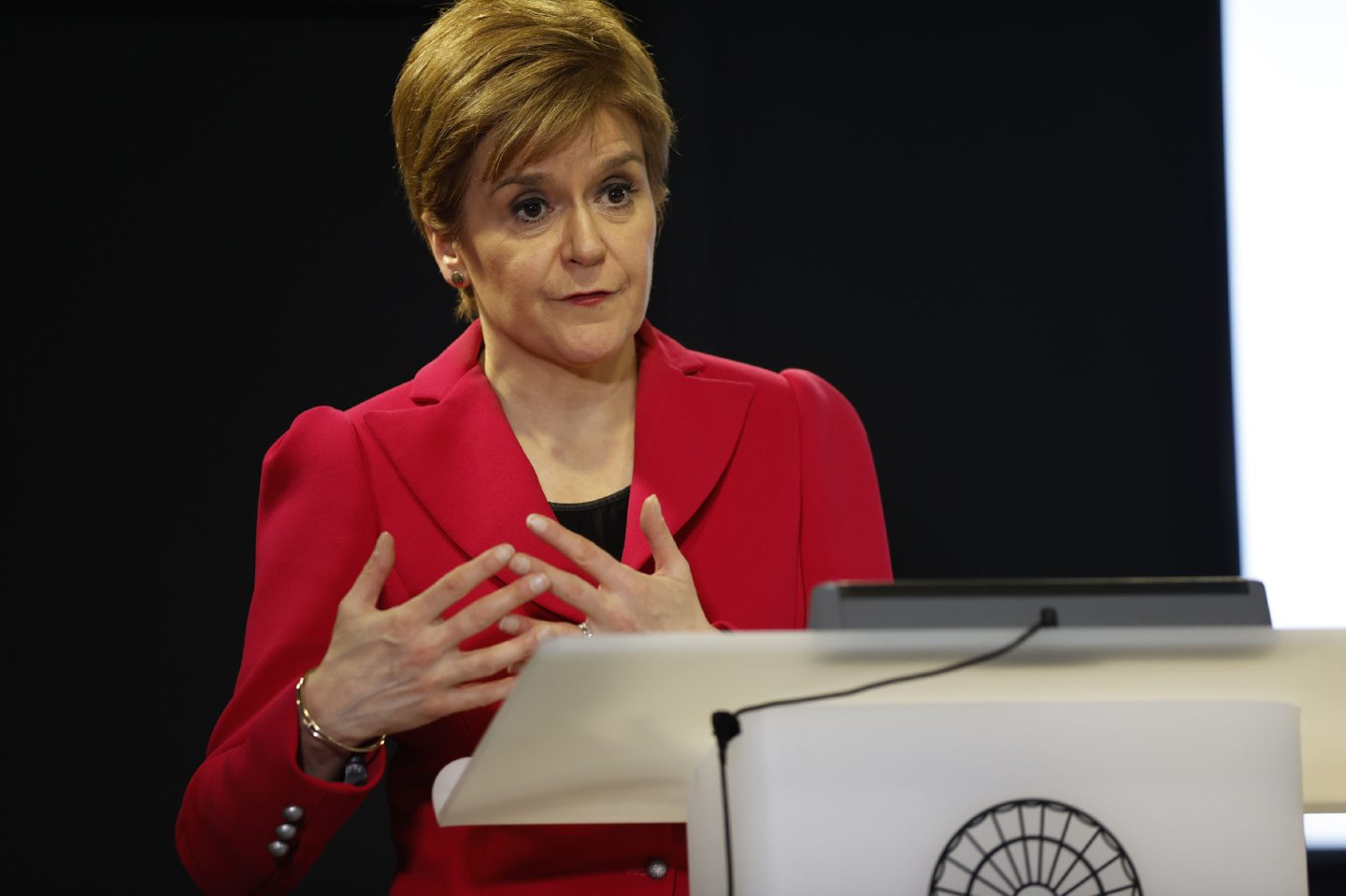Scotland's First Minister Nicola Sturgeon speaking at a news conference in Edinburgh.
