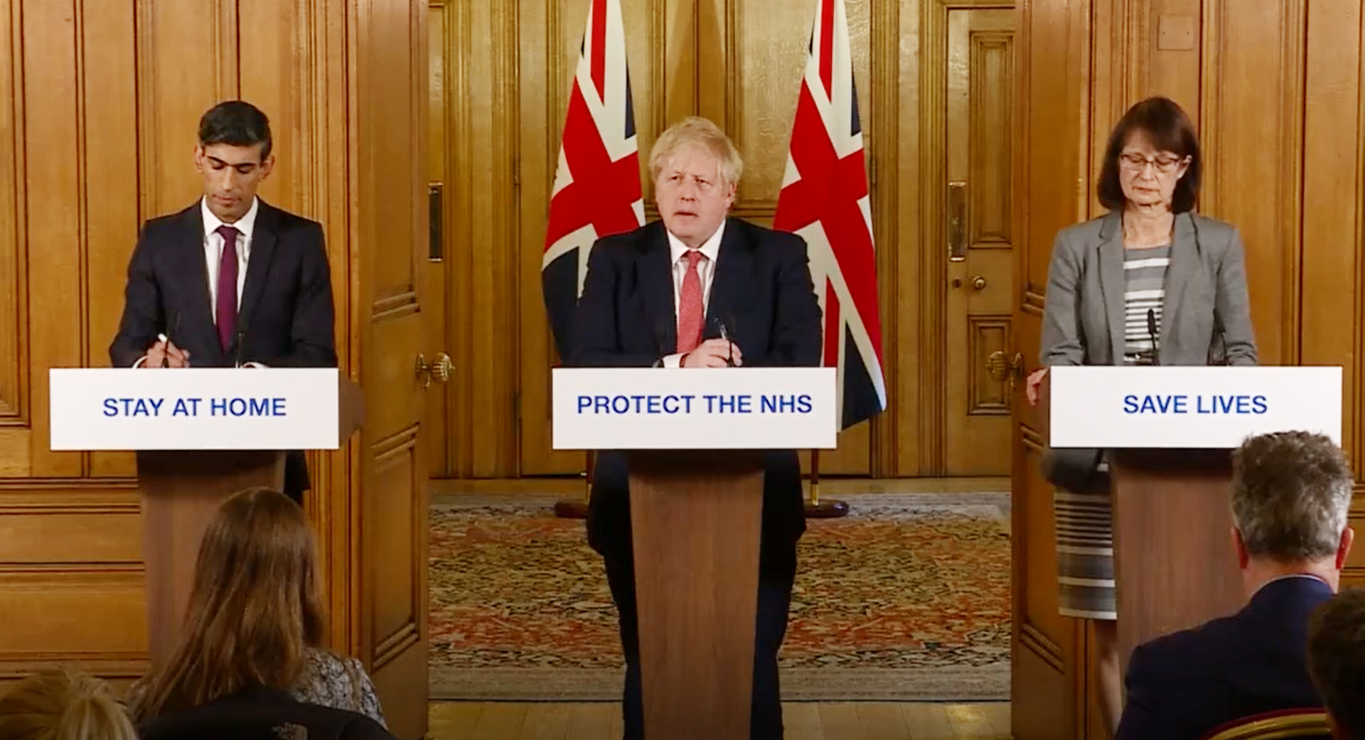 A screen-grab of Prime Minister Boris Johnson (centre), Chancellor Rishi Sunak (left) and Dr Jenny Harries (right) speaking at a media briefing in Downing Street, London, on coronavirus (COVID-19).