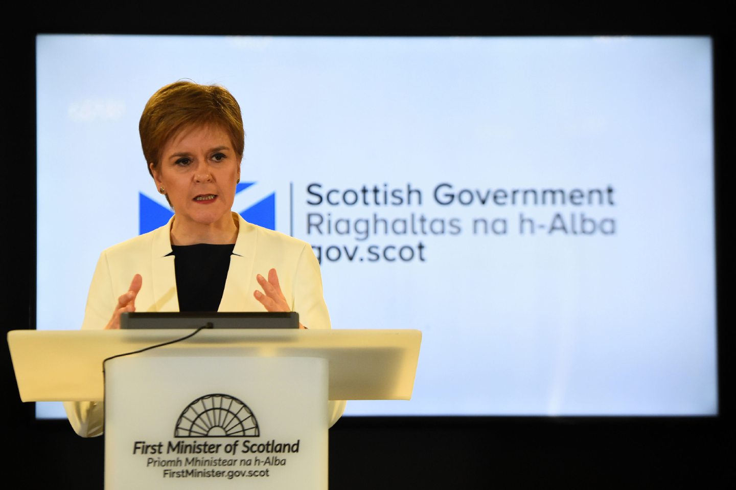 Scotland's First Minister Nicola Sturgeon holds a briefing on the novel coronavirus COVID-19 outbreak in Edinburgh.