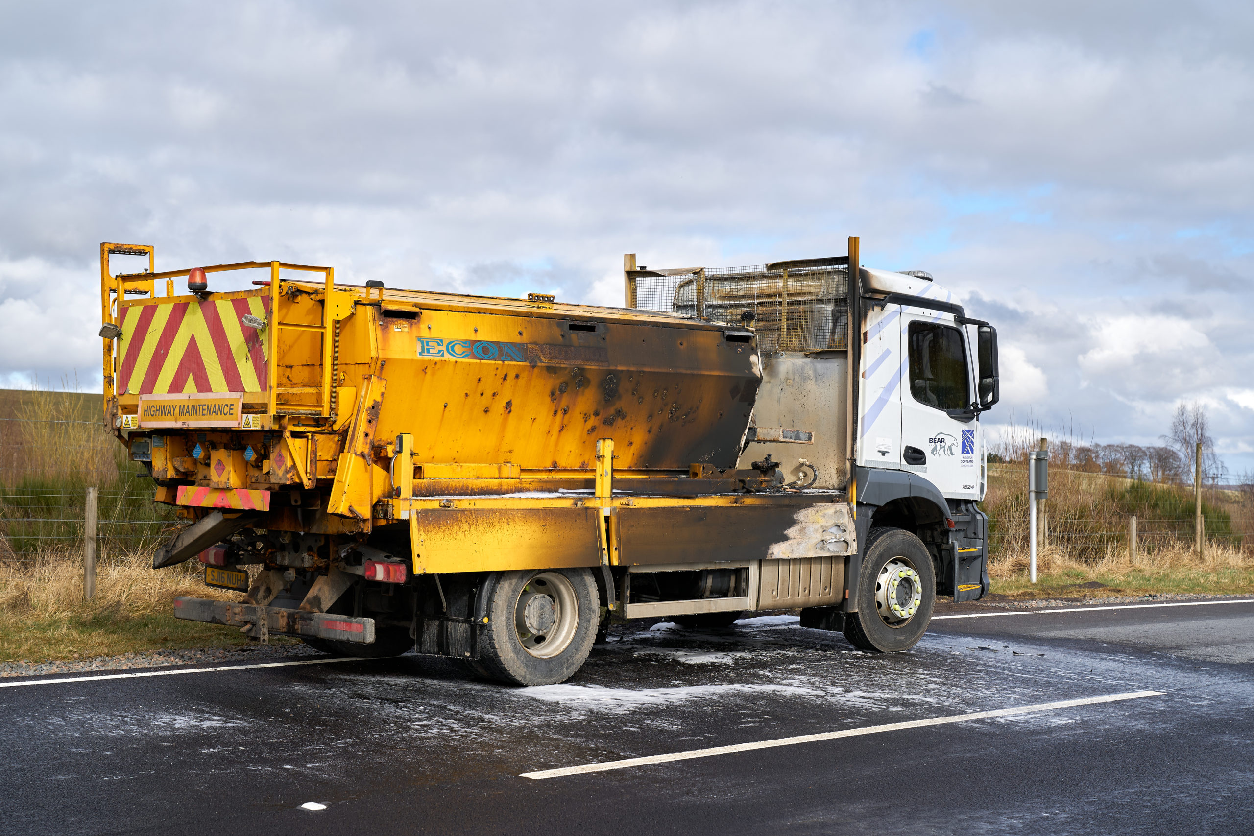 20 March 2020. A95, Keith to Mulben Road, Moray, Scotland, UK. This is the Bear Scotland Truck that took fire on the above road. The Road was initiall blocked whilst SFRS at Scene