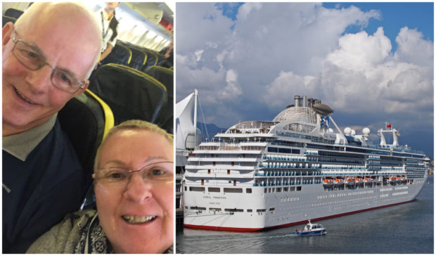 Martin Hicks and Amanda Hollick, left, and the Coral Princess cruise ship