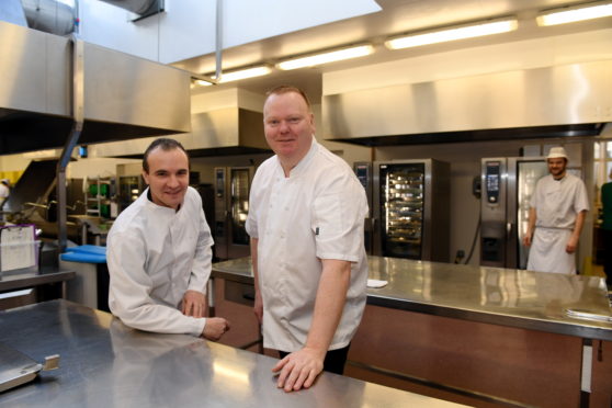 CR0020121
Two chefs from NHS Grampian, ARI are off to London to compete in a competition, the Salon Culinaire, the only scottish entrants in their category.    
Pictured - Chefs Robert Salomia (left) and Chris McGuile at the ARI kitchen.    
Picture by Kami Thomson         -2020