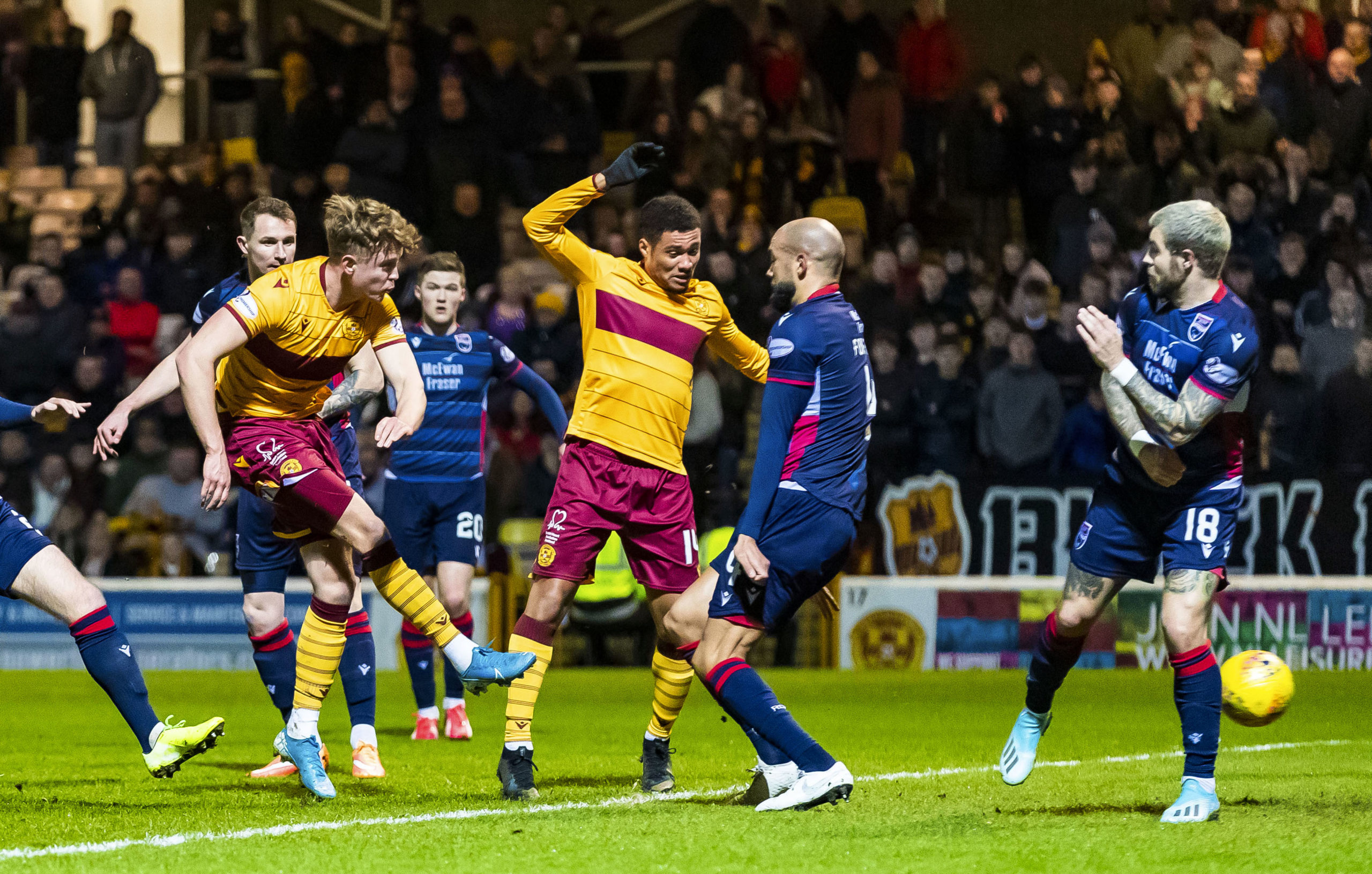 Mark O'Hara scores to make it 1-1 during the Ladbrokes Premiership match between Motherwell and Ross County.