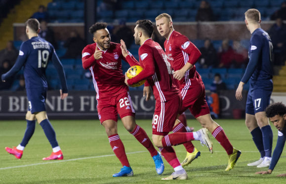 Aberdeen's Connor McLennan (centre) celebrates making it 2-2 at Kilmarnock