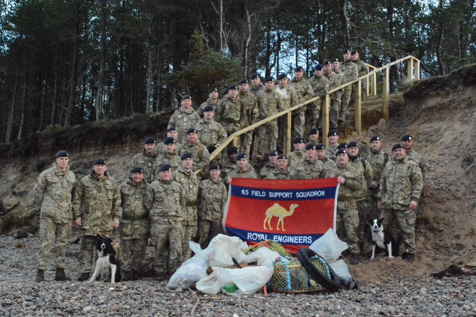 Personnel from 39 Engineer Regiment on the beach near Kinloss Barracks.
