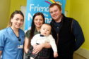 CR0020009 Alford mum Sarah Lawson meets with neonatal  nurse, Eilidh Ritchie who helped deliver her baby Harry. In the picture are from left: neonatal  nurse, Eilidh Ritchie, Mum, Sarah Lawson, baby Harry Smart and dad, Callum Smart at Maternity hospital, Aberdeen.