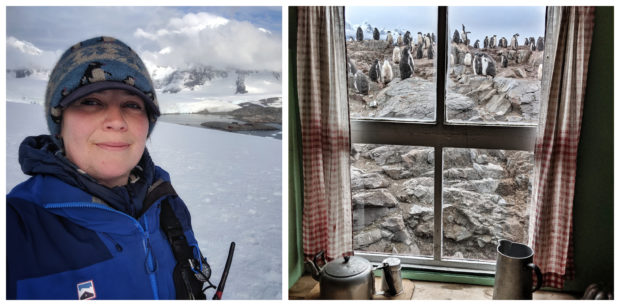 Ms Inglis and the penguins outside Port Lockroy station