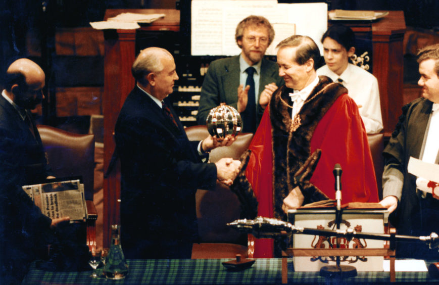 Former Soviet leader Mikhail Gorbachev became a Freeman of Aberdeen when Lord Provost Jim Wyness presented him with the award at a conferral ceremony in the Music Hall on December 6 1993.