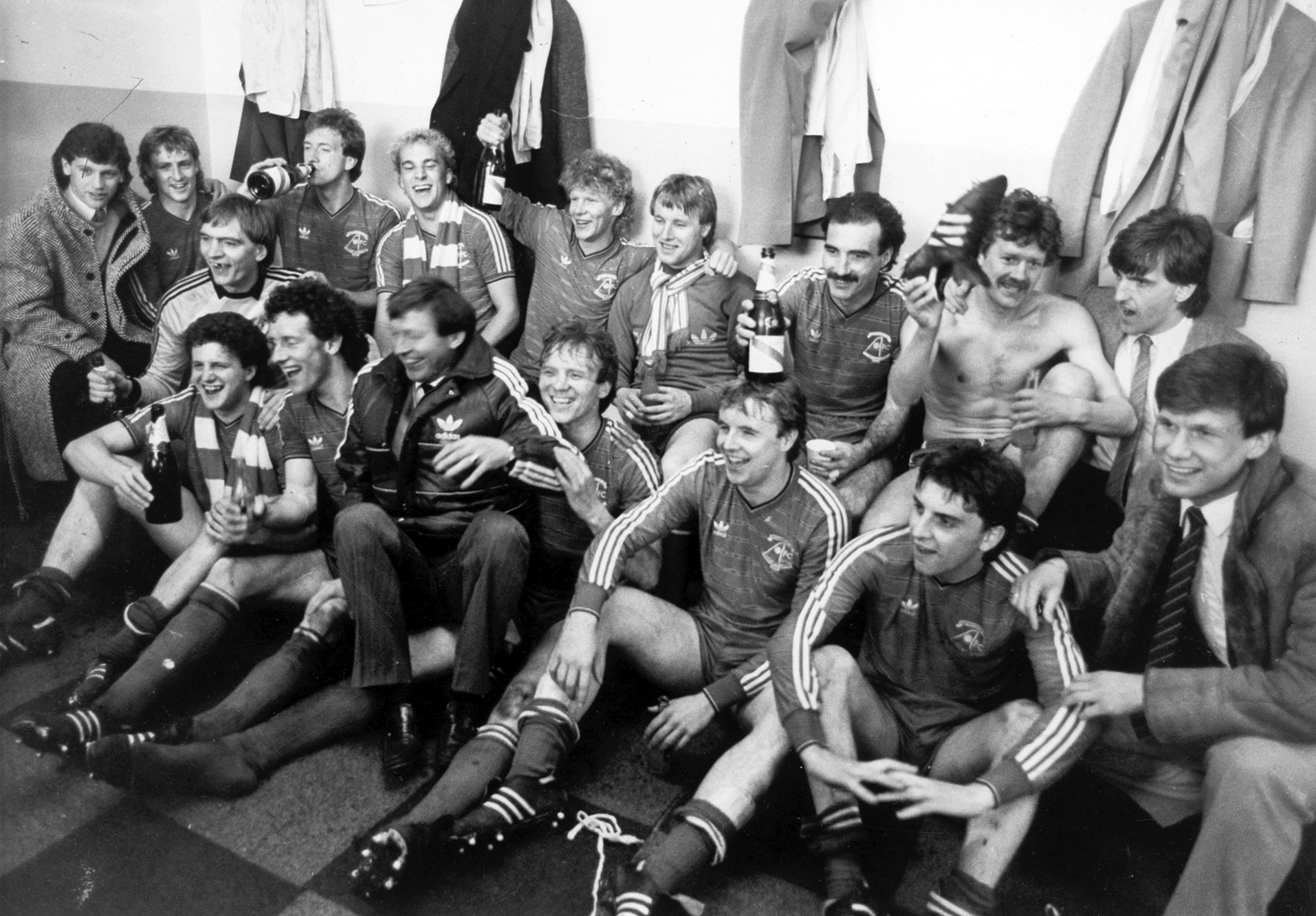 The Aberdeen team toast the taking of the 1984-85 season Premier League title.