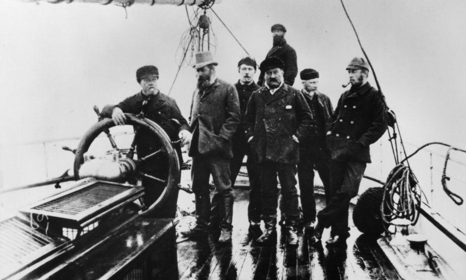 A young Arthur Conan Doyle stands next to Peterhead captain John Gray.