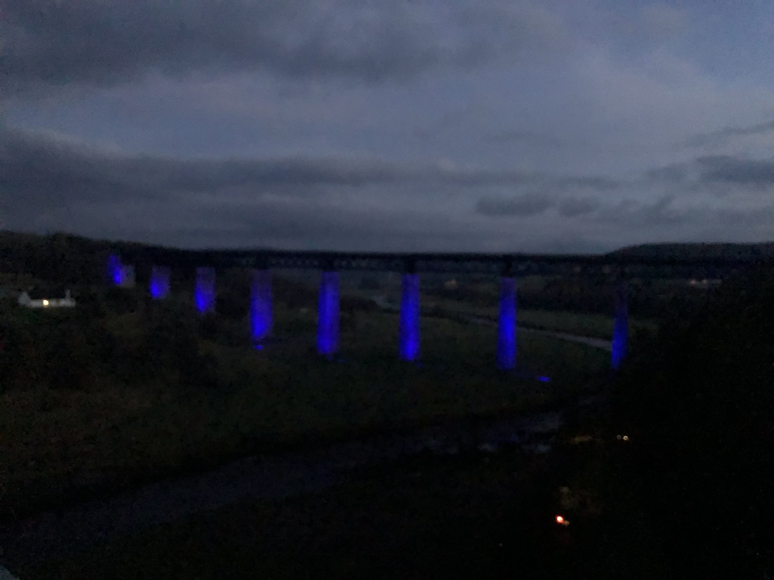 Findhorn viaduct lit up blue