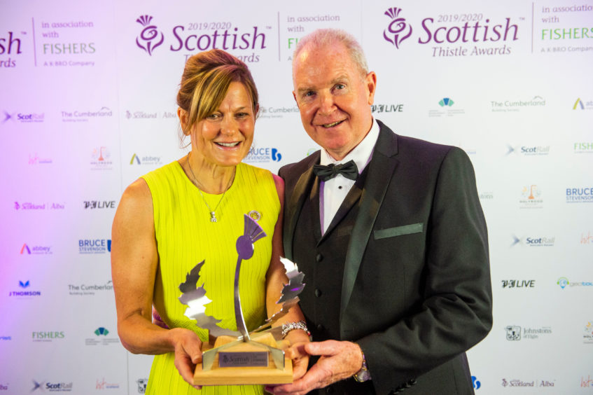 Sarah Heward with her husband and business partner Alan McColm winning the Thistle Award 2020 for Best Informal Eating venue