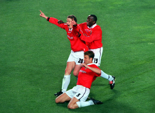 Ole Solskaer celebrates scoring the winner for United Manchester United against Bayern Munich in the 1999 Champions League Cup Final
