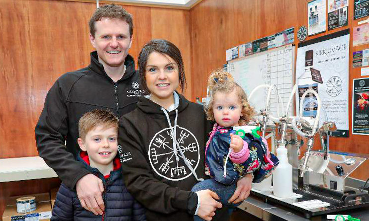 Orkney Distillery co-owners Aly and Stephen Kemp with their children.
