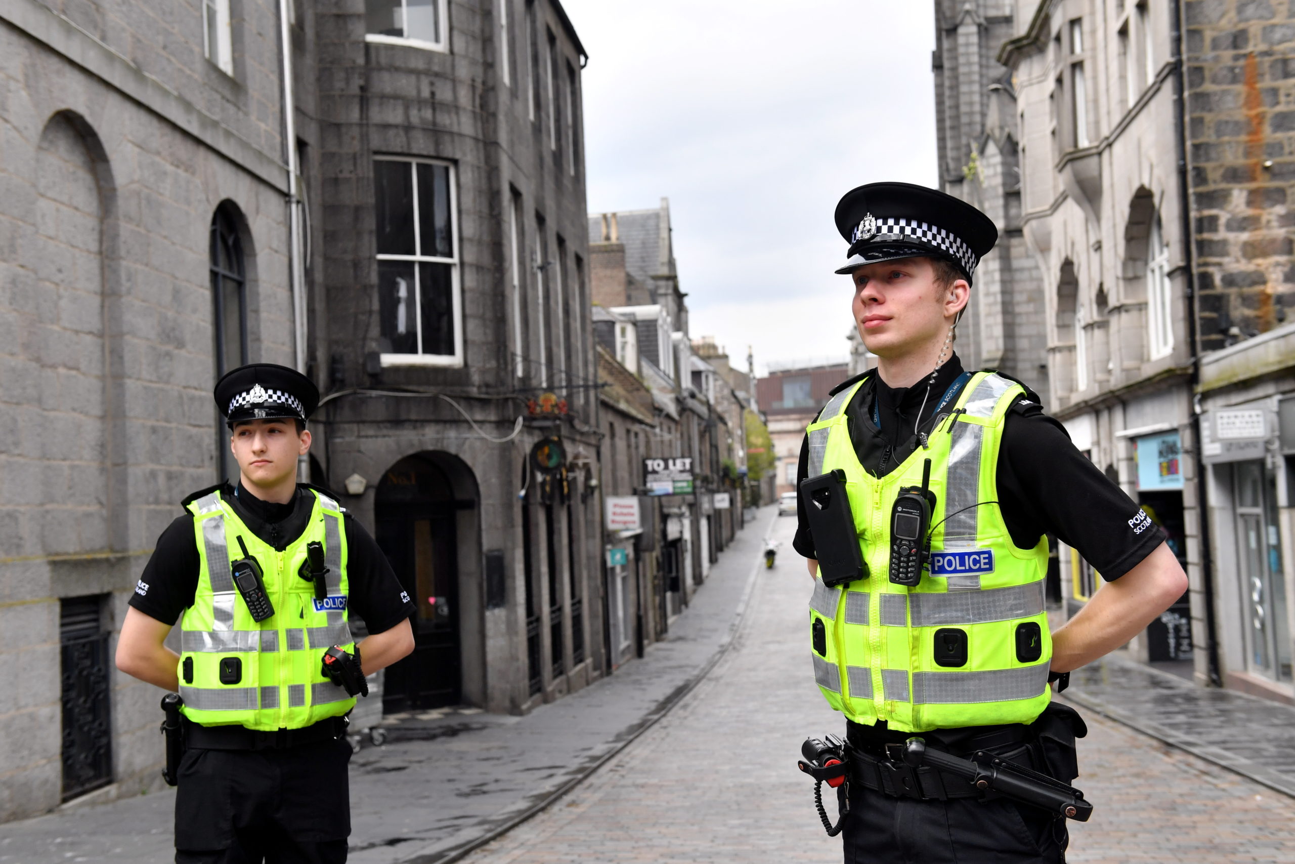 Police officers patrol Aberdeen city centre during the Coronavirus lockdown. Picture by Kami Thomson
