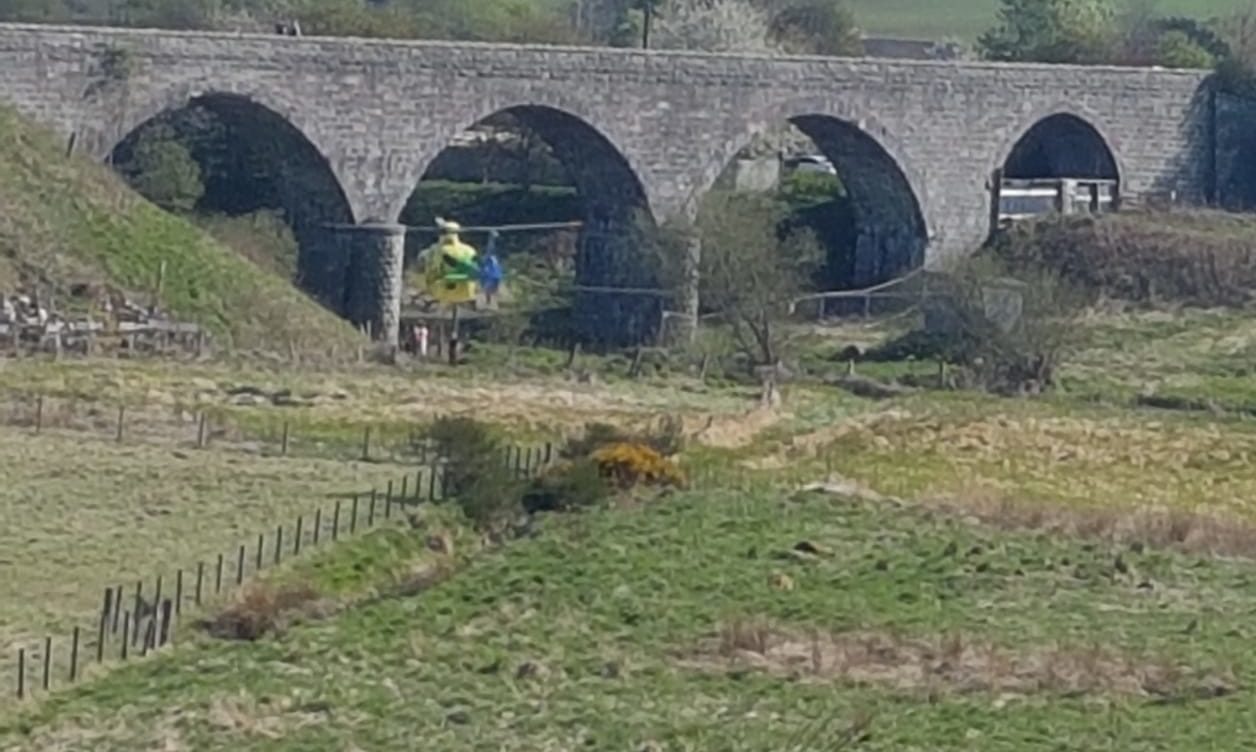 Scotland's Charity Air Ambulance was seen under the Ellon Viaduct this afternoon.
