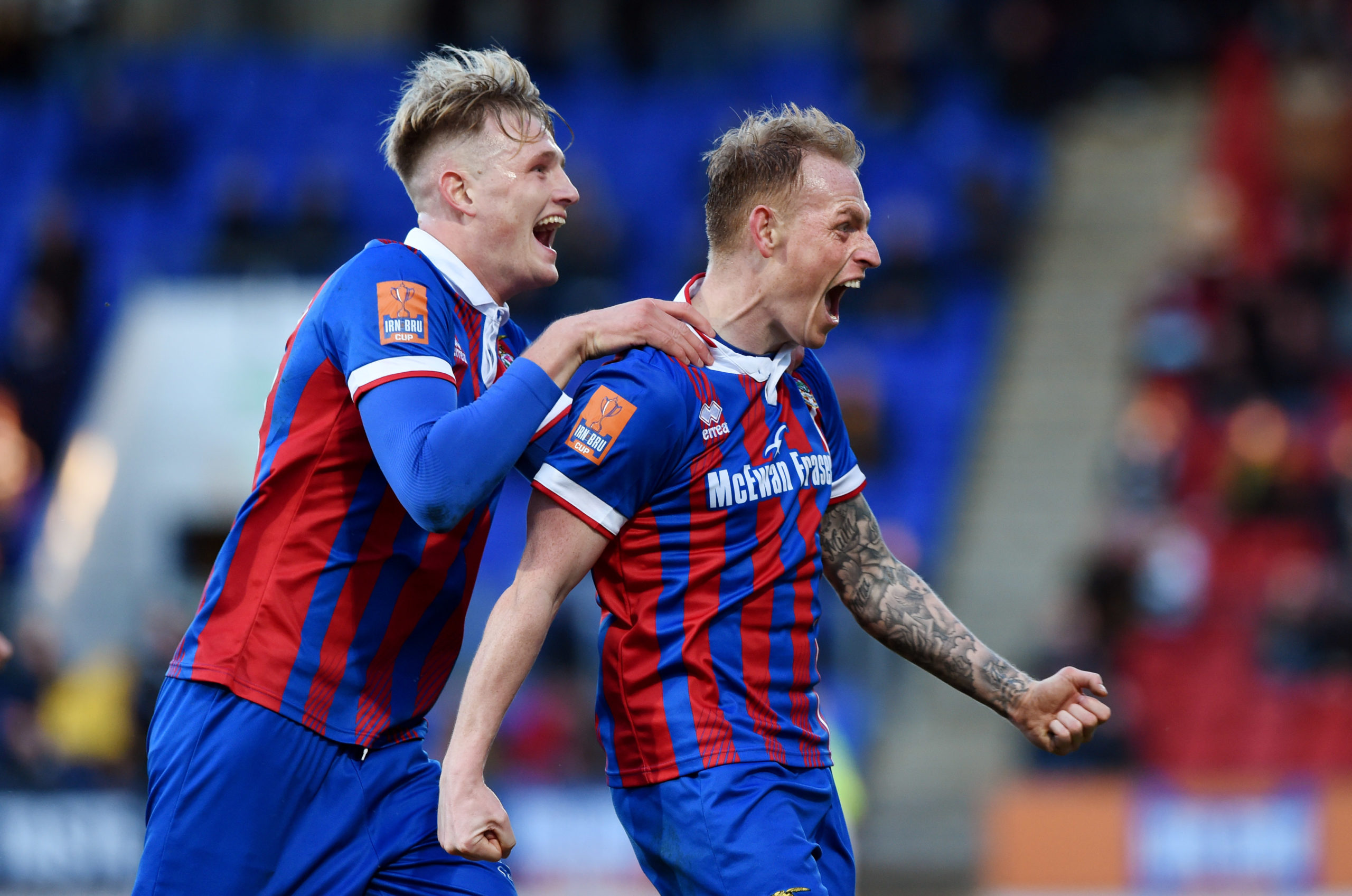 Carl Tremarco celebrates the goal which won Caley Thistle the Irn-Bru Cup in 2018.