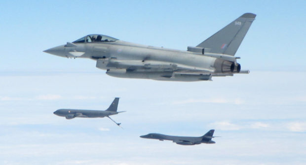 Typhoons based at RAF Lossiemouth escorting a US bomber.