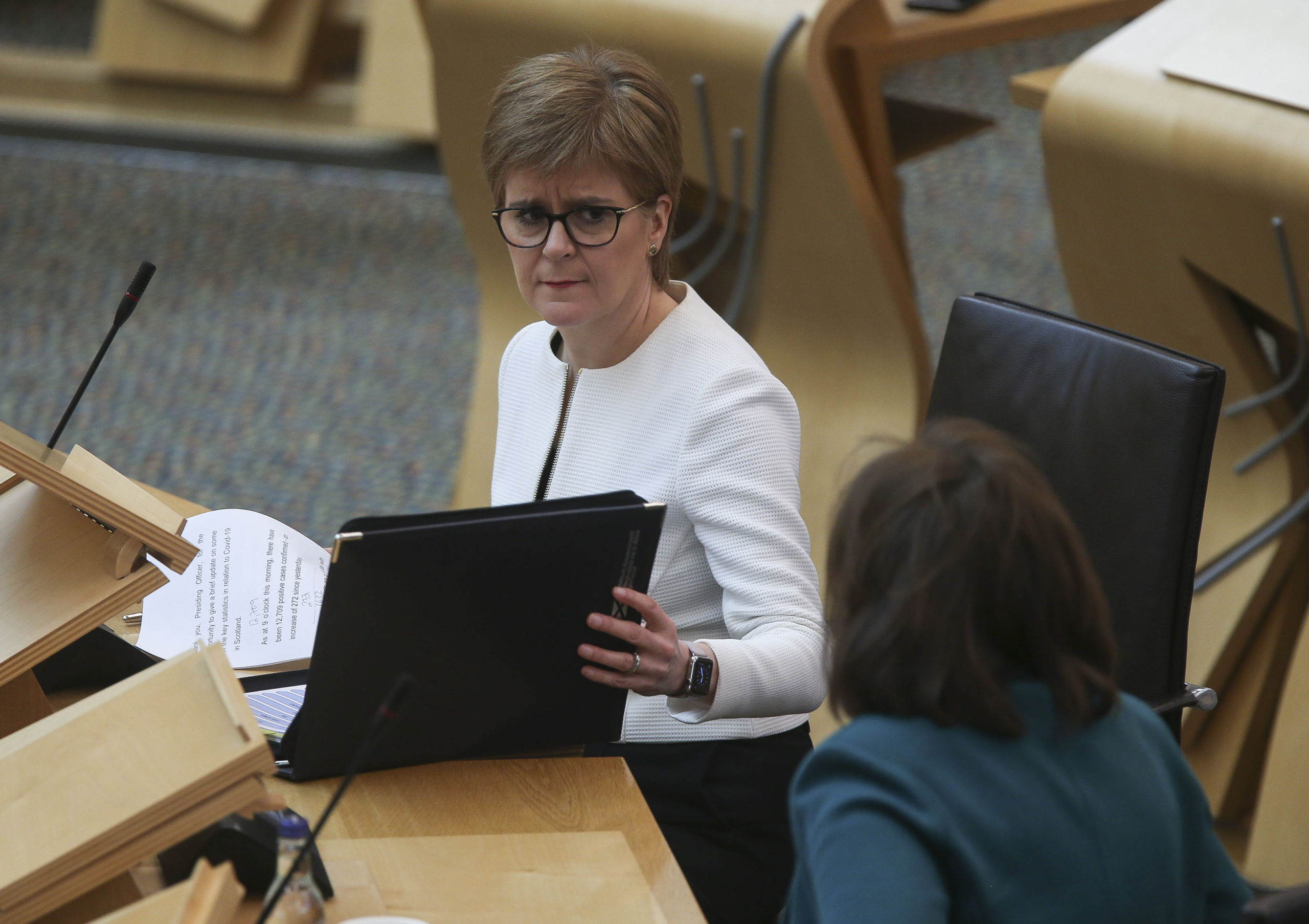 Nicola Sturgeon during Covid-19 social distancing First Minister's Questions at the Scottish Parliament.