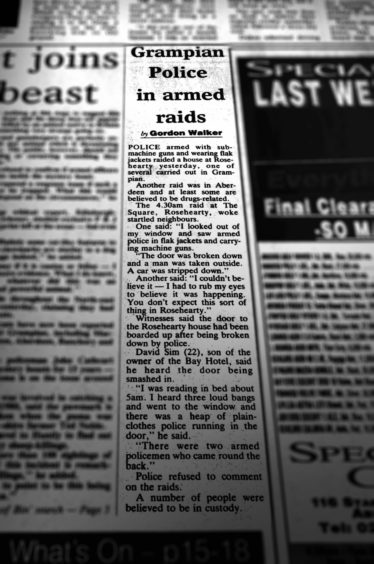 Press coverage with the headline Grampian Police in armed raids