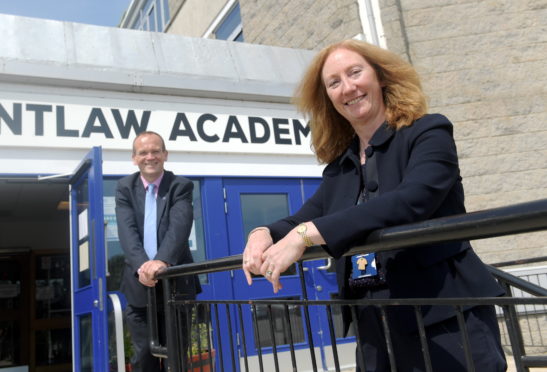 Aberdeenshire Council's Laurence Findlay and head teacher Linda Duthie at Mintlaw Academy, which is preparing for the return of pupils in August. Picture by Kath Flannery