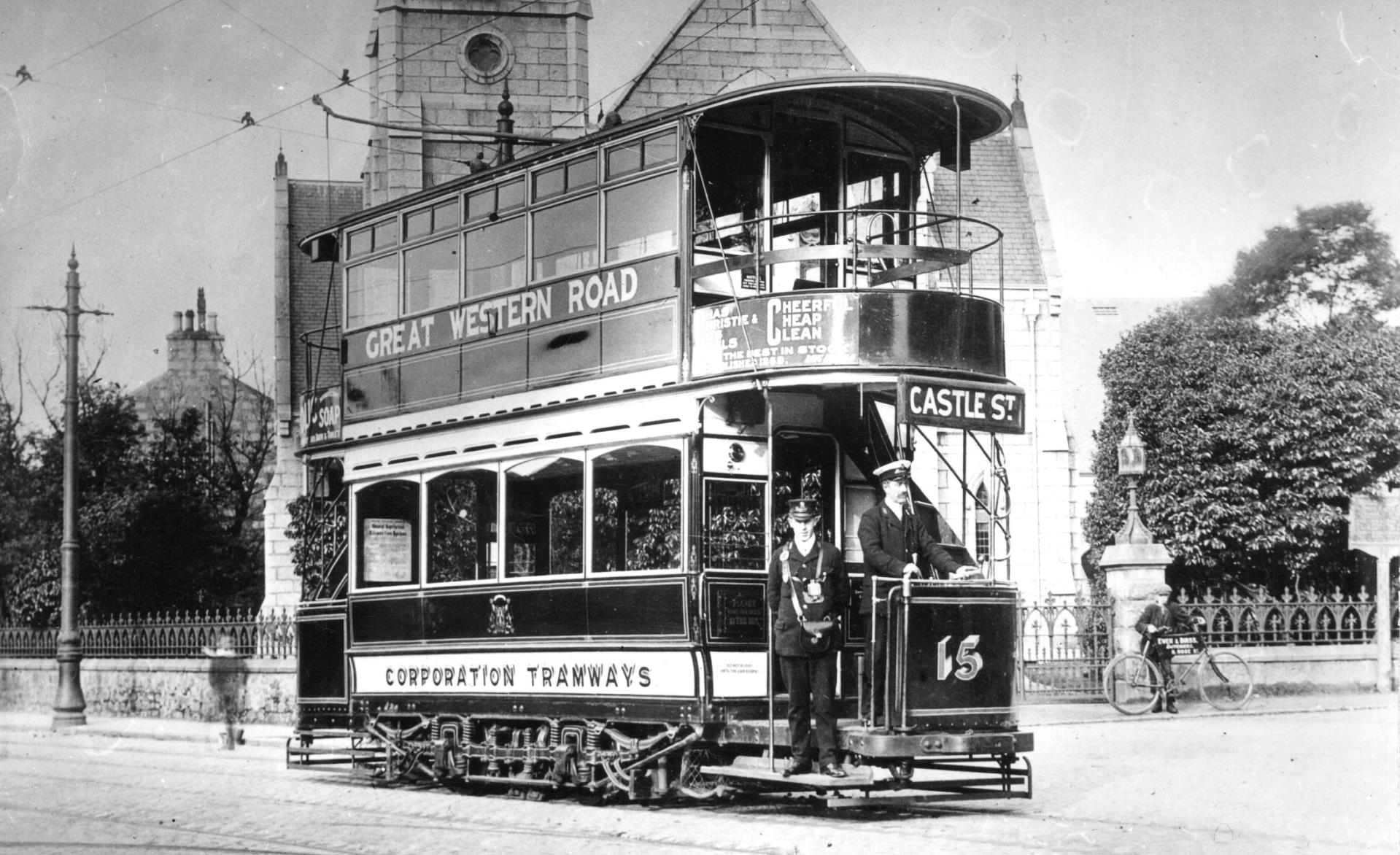 Tram 15 in service at Mannofield terminus not long after it had been fitted with a top cover in the 1920s.