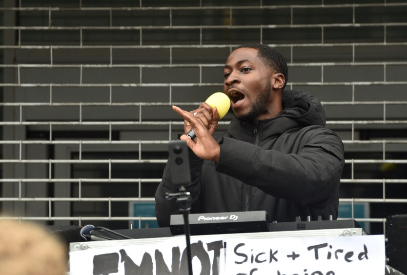 Pictured is Efe Ibojie AKA grime artist Ransom FA speaking at the Black Lives Matter protest on Union Street, Aberdeen. 
Photo by Darrell Benns